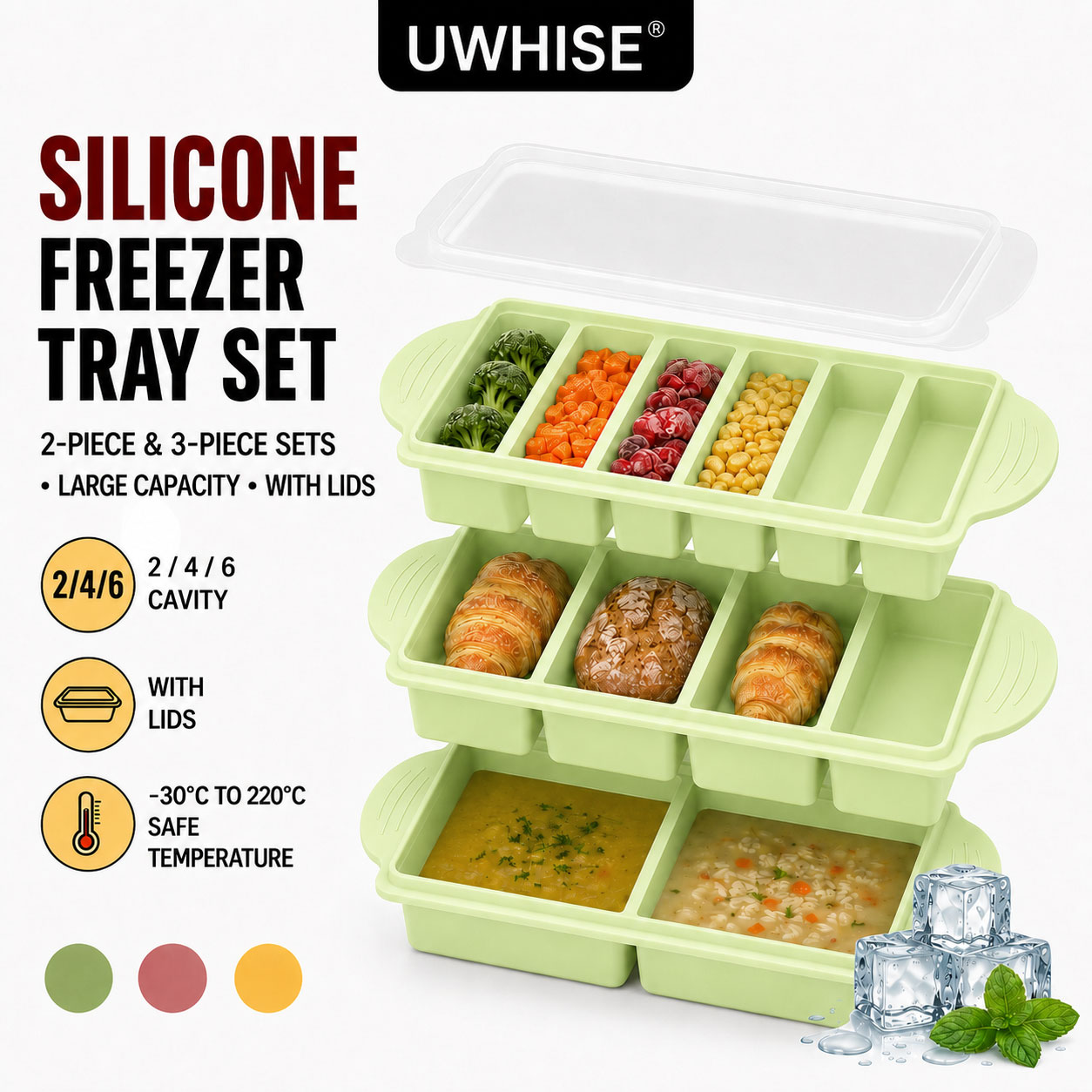 Meal Prep Template - Uwhise 2/3팩 실리콘 냉동 트레이(뚜껑 포함)